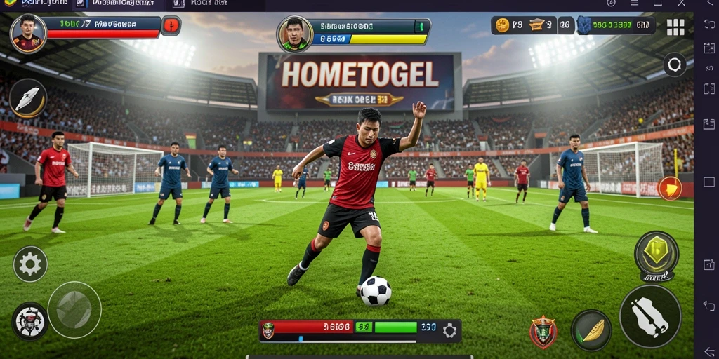 Screenshot utama HOMETOGEL yang menunjukkan aksi permainan sepak bola yang seru.