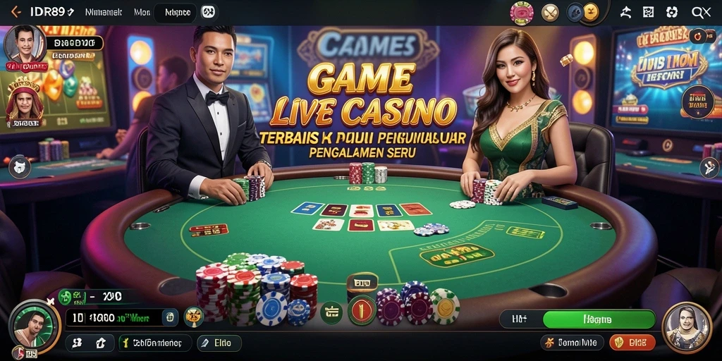 Screenshot gameplay IDR89 menunjukkan dealer langsung dan meja permainan yang menarik.