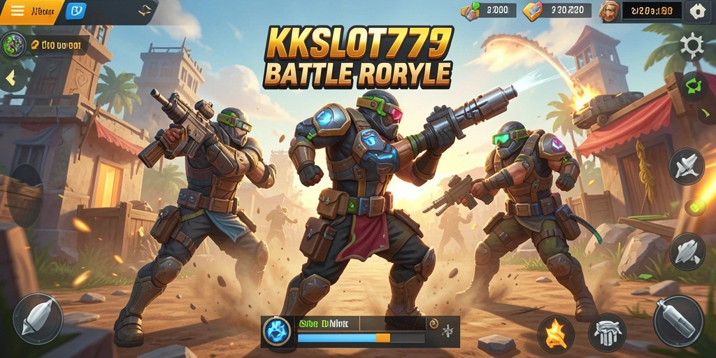 Screenshot utama KKSLOT777 menunjukkan aksi seru di pertempuran Battle Royale.