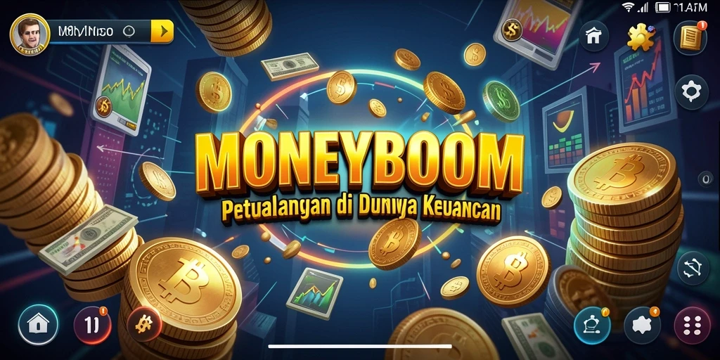 Tangkapan layar utama MONEYBOOM yang menunjukkan aksi petualangan dan eksplorasi.