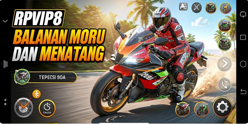 Tampilan gameplay seru RPVIP8 dengan balapan motor cepat.