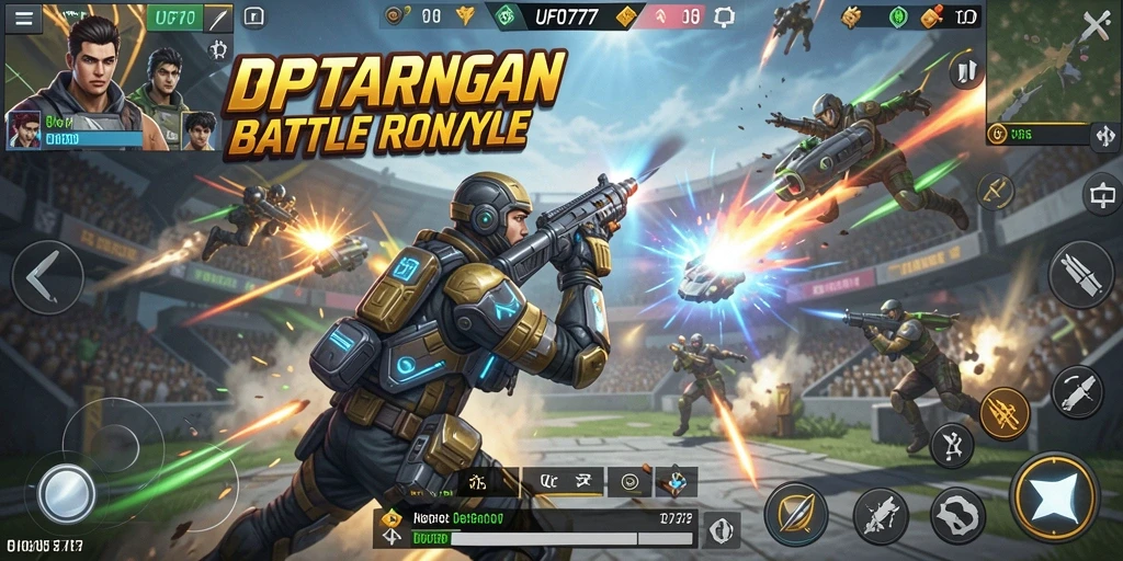 Screenshot dari gameplay intens di pertandingan Battle Royale UFO777